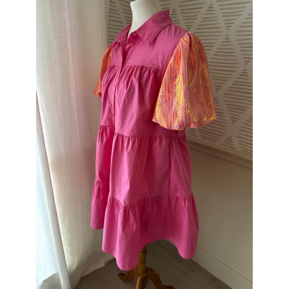 Peach Love Women’s Large Pink Sequined Bubble Sleeve Tiered Ruffled Shirt Dress - Picture 4 of 8
